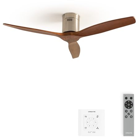 CREATE / WINDCALM NATURAL WOOD M/Ventilador de techo níquel aspas madera oscura con controlador y mando con mando / 40W, Temporizador, Ø132 cm, 6 velocidades, silencioso, función verano-invierno