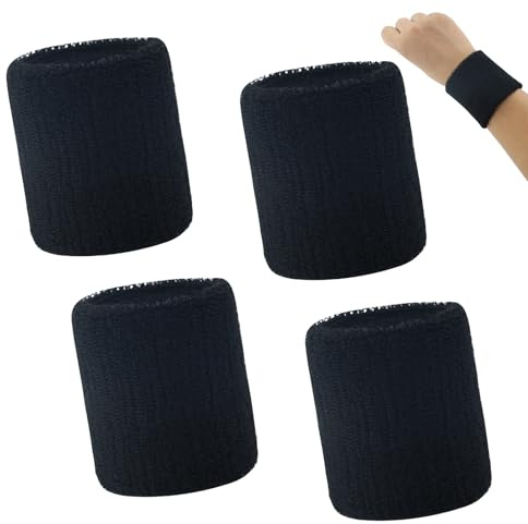 Saugfähige Schweißband Handgelenk Schweißbänder für Damen, Herren, Kinder, 4er Schweißband Set, Fitness Arm Schweissband für Tennis, Handball & Laufen in Schwarz, Schweissbänder Wristband