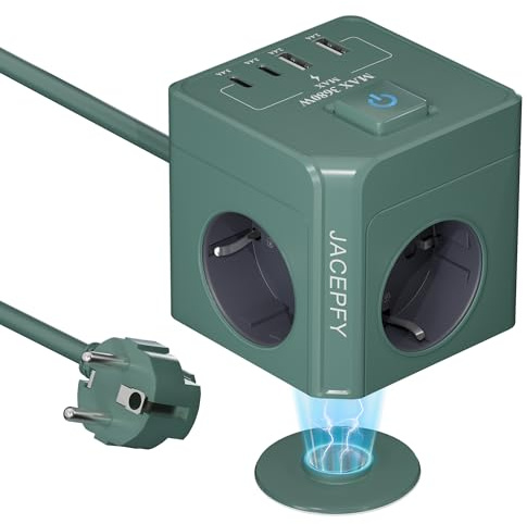 JACEPFY Cubo con 4 USB, 7 en 1, regleta con interruptor y cable de 2 m, para oficina, cocina, viajes, color verde