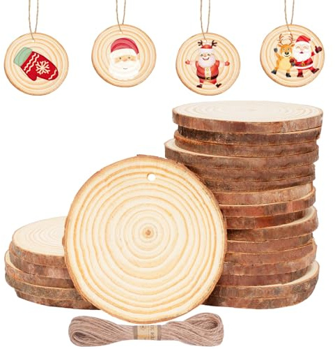 50 Stück Holzscheiben mit Loch, 5-6CM Holz Log Scheiben mit 10m Jute Schnur | Baumscheiben Rund zum Basteln, Unvollendete Holzkreise, Natur Holz-Scheiben für DIY Weihnachten Dekoration Handwerk