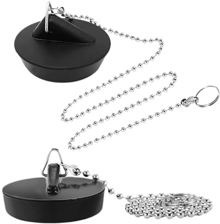 2 Pack Rubber Sink Bath Plug Replacement with 400mm Ball Chain Hook for Kitchen Bath Sink Drain Stopper (1 3/4 Inch, Drain Plug Size Between 42 to 45 mm)