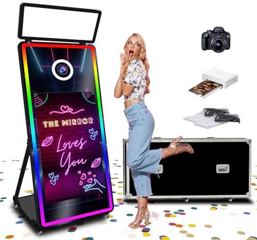 VANYA 65in Foto Spiegel Mit Drucker und Kamera,Magic Mirror Potobooth Mit 43 Zoll Touchscreen, FotoSpiegel Machine mit Mini PC,für Partys und Events (Black, Photo Booth with Camera and Printer)