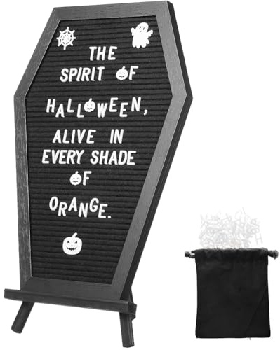 Halloween Black Coffin Letter Board with Wooden Stand and 400 Characters Include Letters, Numbers, Symbols and Emojis, Gothic Message Board for Halloween Party Decoration, Home, Office, Bistro