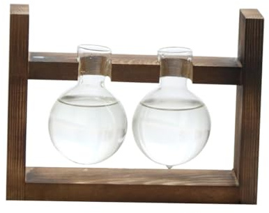 BESPORTBLE Wooden Rack Glass Hydroponic Plant Vase Double-ball Shape High Temperature Resistant Decorative Flowerpot Terrarium for Home Office Desktop Art Display
