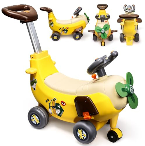 lerrbo 4 in 1 Ride On Toy Cars for Kids, Banana Airplane Toddler Electric Push Car with Light and Music, Preschool Kids Scooter Foot-to-Floor Walker Sliding Car for Baby 1-3 Christmas Birthday Gifts