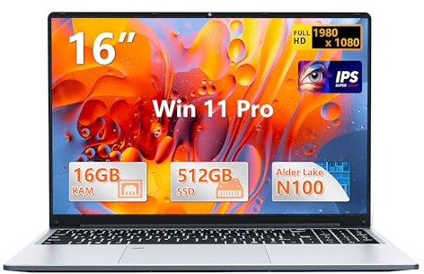 16 Pulgadas Ordenador Portátil, 16GB RAM 512GB SSD Celeron N100 (hasta 3,4 GHz) Procesador Laptop, PC Portátil Pantalla IPS FHD de 1200P, Teclado Retroiluminado, WiFi 5, BT5.0, USB 3.0 y Mini HDMI