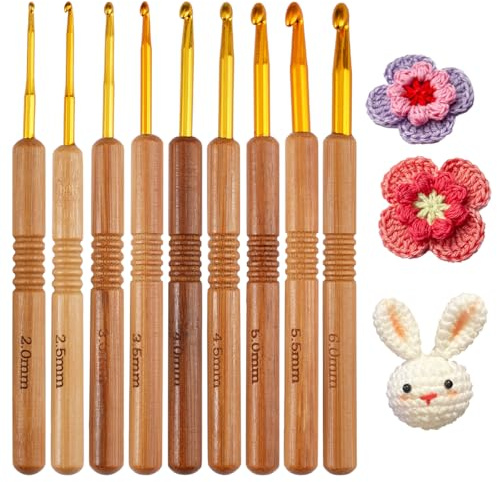 9 Piezas Agujas Crochet, 2,0-6,0 mm Ganchillos Crochet Mangos ErgonóMicos de Madera, Agujas de Ganchillo, Agujas de Tejer Extra Ligeras, Crochet Set para Principiantes