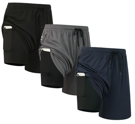 fovdtaa Herren-Sport-Shorts, 2-in-1, schnelltrocknend, Fitnessstudio, Laufen, Training, Activewear, Laufshorts mit Taschen, 3er-Pack, XL