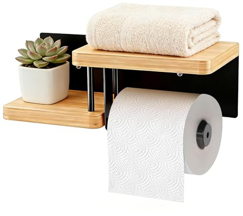 Toilettenpapierhalter Holz Bambus, Klorollenhalter ohne Bohren, WC Rollenhalter Papier Halterung für Bad und Küche, klorollenhalter Montage durch Bohren, mit Ablage(schwarz)