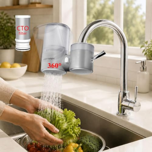 Vortopt Faucet Water Filter, 360° Rotary Kitchen Faucet Filter | with Carbon Block Filter, 350 Gallon NSF Certified Drinking Water Filter, Can Reduce 99% Chlorine, Improve Taste, T10-Silvery