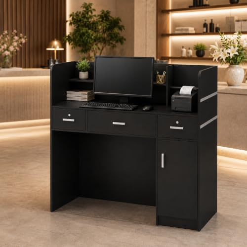 PREMTURE Bureau d'accueil Noir 120cm – Comptoir de Caisse avec 3 tiroirs (1 verrouillable), Porte et étagères – Banque d'accueil pour Magasin, Bureau, Salon, 120×110×48cm