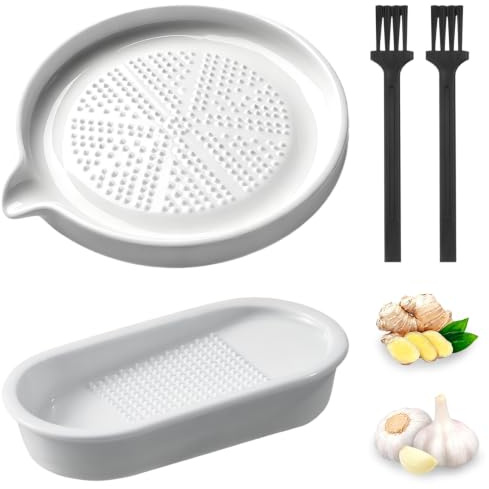 2 Stück Reibeteller, Keramikreibe, Quadratisch& Runden Knoblauch Tellerreibe, Reibe Teller Aus Keramik, Für Ingwer, Zwiebeln, äpfel, Gemüse, Für Küche & Familie, Mit 2 Bürste(Weiß)
