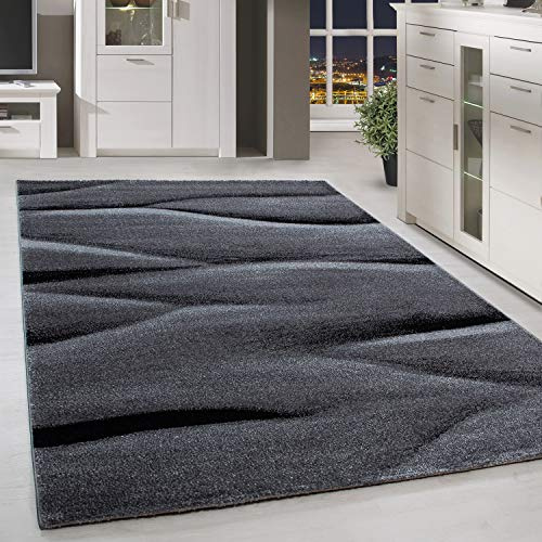 HomebyHome Kurzflor Teppich 120x170 cm Abstrakte Wellen Schwarz-Grau, Weiches Wohntextil mit Muster, Pflegeleichte Deko für Wohnzimmer, Gäste- oder Schlafbereich