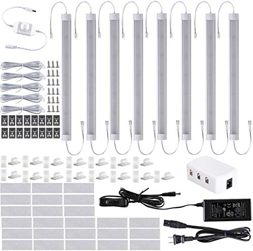 LABOREDUCER Under Cabinet Lighting Wired Plug in or Hardwired Cold White 6000K, 8 Pack 11inch Linkable Dimmable LED Under Cabinet Lights with Power Adapter,24V Under Counter Lights for Kitchen