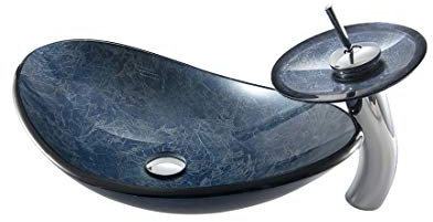 HomeLava Lavabo da Appoggio in Vetro Temperato Lavabo con anello di montaggio per rubinetto e piletta di scarico Set lavabo lingotto blu da 42 cm