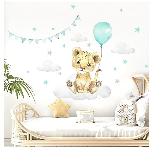 Little Deco Wandsticker Wandtattoo Kinderzimmer Deko Mädchen Junge Tiere Löwe Ballon Wolken Aufkleber Baby Spielzimmer Wandbild selbstklebend mint DL685-2