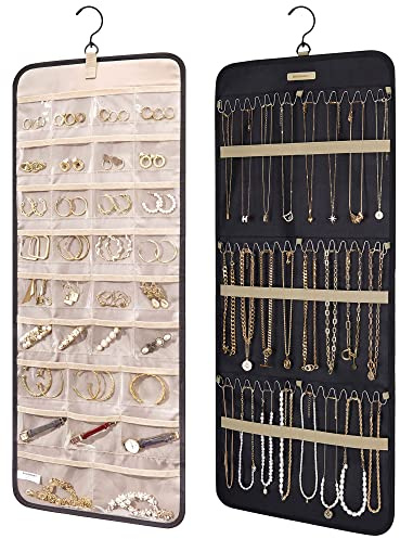 BAGSMART Hanging Jewelry Organizer Storage Roll with Hanger Metal Hooks Double-Sided Jewelry Holder for Earrings, Necklaces, Rings on Closet, Wall, Door, 1 piece, Large, Black