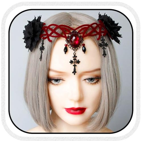 Gortin Gothic Kopfschmuck Schwarz Vampir Kopfkette Halloween Stirnbänder Kristall Kopf Schmuck Kreuz Anhänger Kopfschmuck Maskerade Cosplay Kopfschmuck für Hexer Make-up Ball Party für Frauen