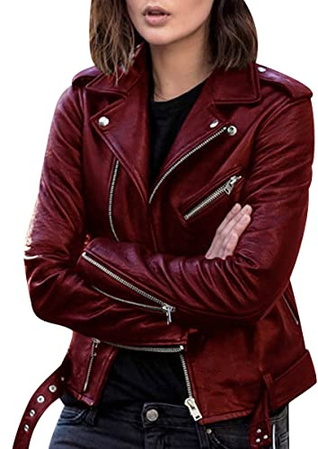 Peuignao Damen Bikerjacke Kunstleder Kurz Wein Rot S