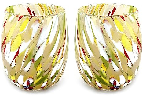 MAZZEGA ART & DESIGN - 2 Verres à eau en verre soufflé et travaillés à la main avec des murrines Murano raffinées et originales - Les couleurs de Murano - Modèle Colombina 435 ml. (Jaune, 2)