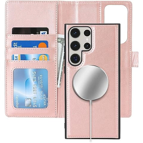 ELTEKER Handyhülle Samsung Galaxy S23 Ultra Hülle,[Abnehmbare Magnetische] [Kabelloses Laden] Klapphülle mit Kartenfach Schutzhülle Leder Hülle für Galaxy S23 Ultra - roségold