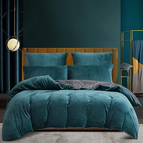 Housse de Couette Hiver 240x260 Chaude Flanelle Toucher Cashmere Polaire Parure de Lit en Velours Pétrole Grise Doux avec Fermeture Éclair, Linge de Lit 2 Personnes avec 2 Taies d'oreiller 65x65 cm