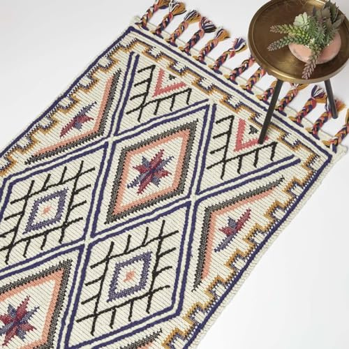 HOMESCAPES Alfombra Kilim tejida a mano, 90 x 150 cm, lana y algodón, diseño geométrico tribal y borlas