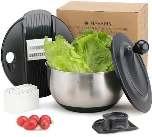 Navaris Escurridor de Ensaladas con Tapa - Escurridor de Ensaladas de Acero Inoxidable - Secador de Ensaladas - Facil de Lavar Secar y Centrifugar - con Rallador y Discos Cortantes