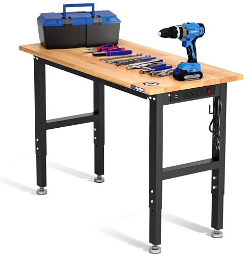 WORKPRO Adjustable Garage Workbench, 48x22 Rubber Wood Top Heavy-Duty Work Desk with Power Outlets, Leveling Foot, 5 Heights, 1500 LBS Load Capacity Work Benches for Garage, Workshop