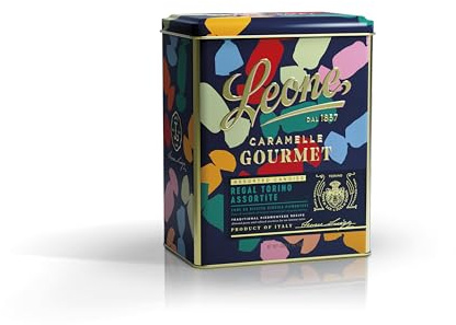Leone seit 1857 - Metalldose Harte Bonbons Regal Torino - Leone Bonbons - gemischte Geschmacksrichtungen - vegane und glutenfreie Bonbons - Dose mit 400g