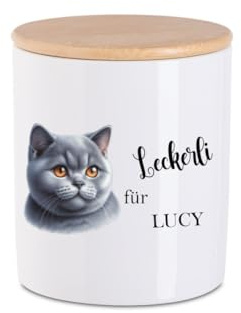zauselbart Leckerlidose Katze - Personalisiert mit Name - Aufbewahrungsdose Katzenfutter - Vorratsdose Keramik mit Holzdeckel - S (9,5x10x10cm)
