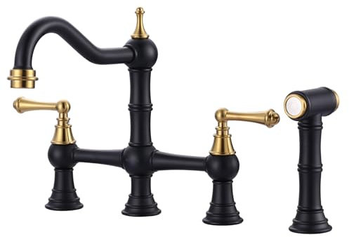WOWOW Brass Bridge Kitchen Faucet 4 Hole with Side Sprayer, Black Gold