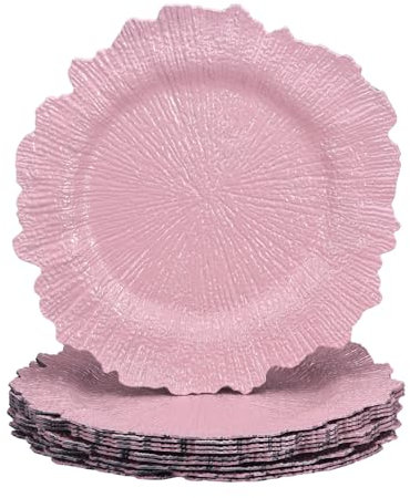 uxcell 10pcs Reef Charger Plates Bulk, 13 Inch Plastic Floral Charger Plates, Round Plate Chargers for Dinner Wedding Party Event Table Setting Decoration Pink