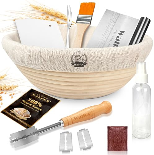 Walfos Sourdough Starter kit, Round Banneton Proofing Basket 23cm,100% Natural Rattan, Bread Proofing Baskets Set, Included Bread Lame, Dough Scraper, Cleaning Brush & Bread Fork, Spray Bottle