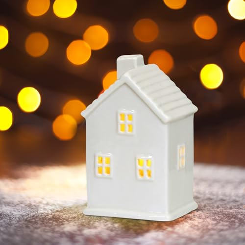Winterhaus deko Teelichthaus aus Porzellan Häuser Kerzenhalter,Keramik Weihnachtshaus Teelicht Kerzenhalter,Weisse Häuser aus Keramik Deko Adventskerzenhalter Häuschen für Teelichter (03)