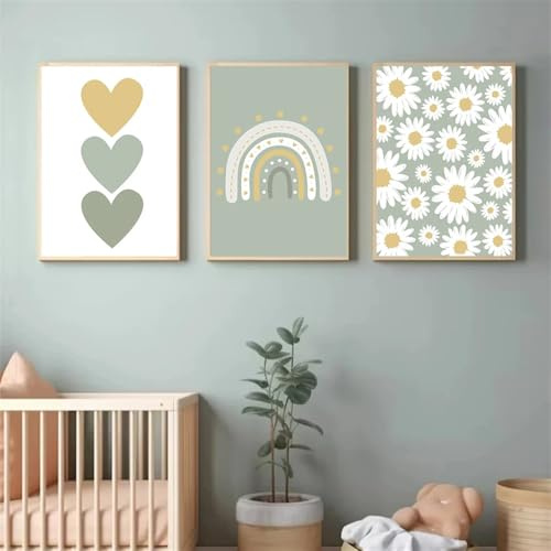 Youihom 3 Bilder Babyzimmer Mädchen 30x40 Poster Regenbogen Boho Grün Wandbilder Blumen Kinderzimmer Wandposter Kinder Love Bilderwand Leinwand ohne Rahmen
