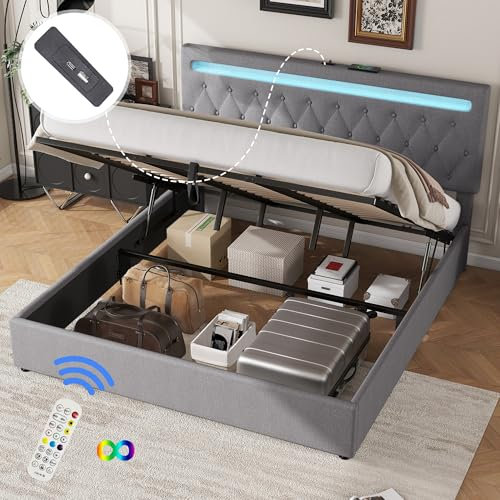 Luxus Polsterbett 180x200cm mit Stauraum - Hydraulischer Bettkasten, LED-Ambientebeleuchtung, USB-Anschluss, Fernbedienung - Elegantes Design in Weiß - Bis 250kg belastbar