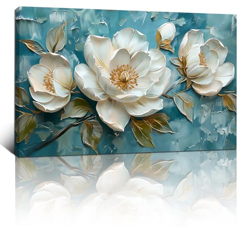 FajerminArt Framed Large White Peony Flowers Canvas Wall Art Vintage Blue White Floral Canvas Prints Painting Wall Artwork Picture for Living Room Bedroom Home Decorations Ready To Hang 24x36