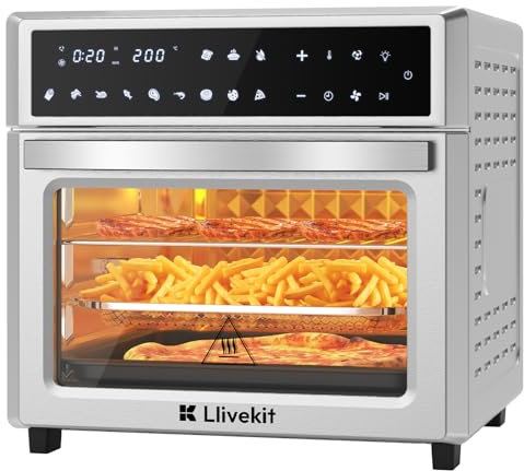 LLIVEKIT 26 L Forno Friggitrice ad Aria XXL con Display a LED, 12 in 1 Funzione Mini Forno senza Olio con Girarrosto, Friggitrice in Acciaio Inox, 1700W, 7 Accessori, Argento