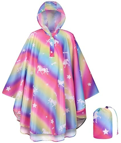 HAGOT Poncho Antipioggia per Bambini, Impermeabile Portatile Riutilizzabile con Cappuccio e Bottoni, Rosa, L
