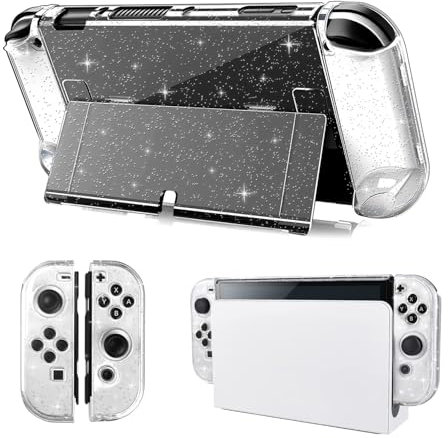 Votvlog 3-in-1-Schutzhülle für Nintendo Switch OLED Modell, Glitzer Dockable Case PC Abdeckung Gehäuse mit Stoßdämpfung und kratzfestem Design mit Flip Shell Kompatibel mit Switch OLED Konsole, Klar