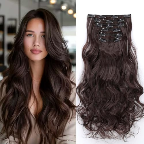Gairyan 52cm Clip in Extensions Gewellte Mittel braun 6PCS Haarverlängerungen mit Clips Synthetik Haar Extensions Clip in Haarteil Haarextension Wellige Lang Lockige für Frauen