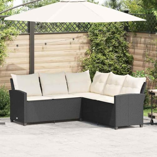 IKAYAA Sofá para jardín de Ratán, Sofa Jardin Exterior, Sofá de Esquina para Jardín Resistente a la Intemperie, Sofá en Forma de L,Conjunto Jardín, Muebles Jardín Exterior, Negro y Blanco Crema