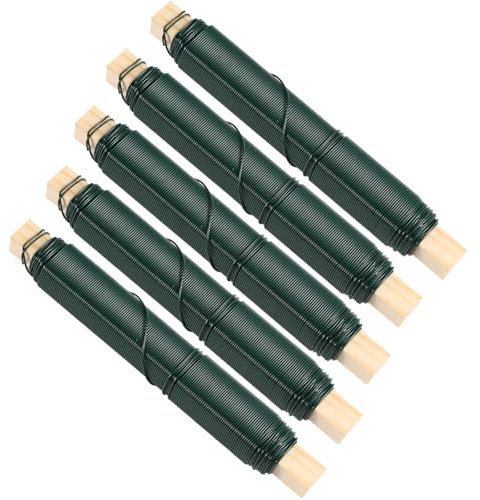 FHISKUNYU Juego de 5 Alambre para Envolver Lacado en Verde - Bobina de Madera 0.65mm, Cuerda de Jardinería Suave para Manualidades, Plantas y Decoración