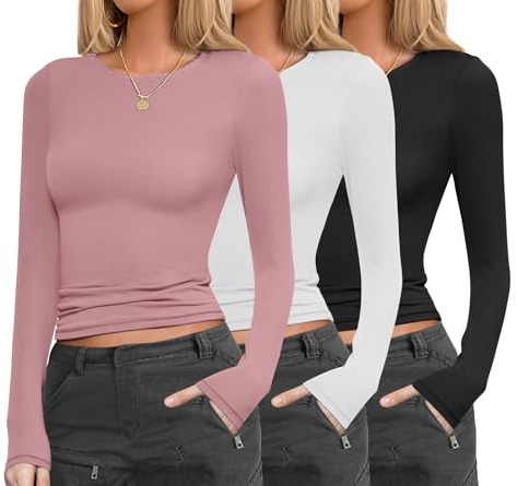 Ekoauer Camiseta Interior Térmica Mujer 3 Pack Manga Larga Cuello Redondo Base Layer, Negro + Blanco + Rosa, L