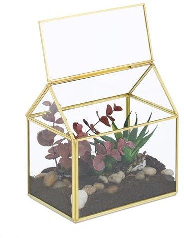 Relaxdays Pflanzenterrarium, Glas & Kupfer, HBT: 15x15x10 cm, Deko Glashaus Kakteen & Moos, Glaskasten Fensterbank, gold