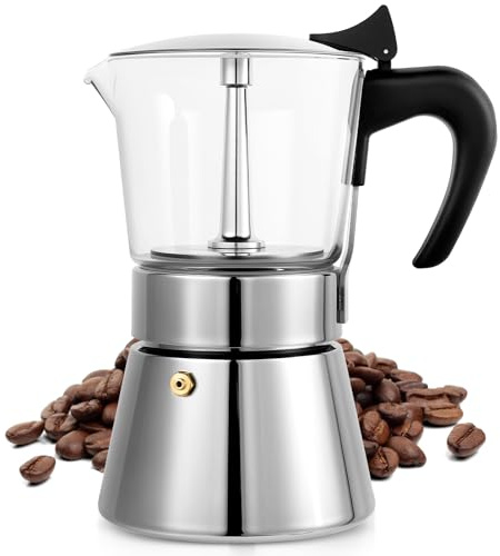 Suiitat Induction Moka Pot, 9 Cups (15.9 oz) Crystal Glass-Top & Stainless Steel Moka Pot, Classic Stovetop Espresso Maker, Silver