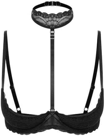 Runhomal Soutien Gorge avec Collier Femmes 1/4 Tasse Push Up Soutien Gorge sans Rembourrage Top Dentelle avec Cercle d'acier Coussin Poitrine Souple Noir XL/70C