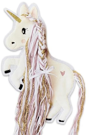 Applikation Einhorn mit Wollmähne Rosa Altrosa Gold Aufbügler für DIY Schultüte Zuckertüte Bügelbild Patch Bügelpatch Pferd weiß Glitzer (Mittel (9x15 cm))