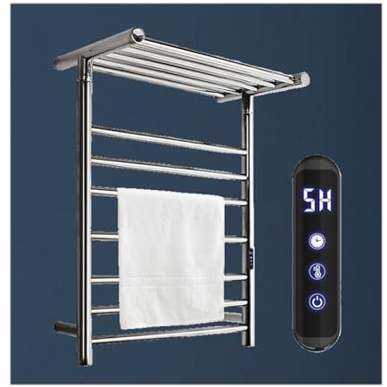LYMGRZ Scaldasalviette Elettrico a Parete Silver Smart, cablato, con ripiano Superiore, portasciugamani riscaldati per Il Bagno, mensola portasciugamani elettrica in Acciaio Inox con 7 Barre